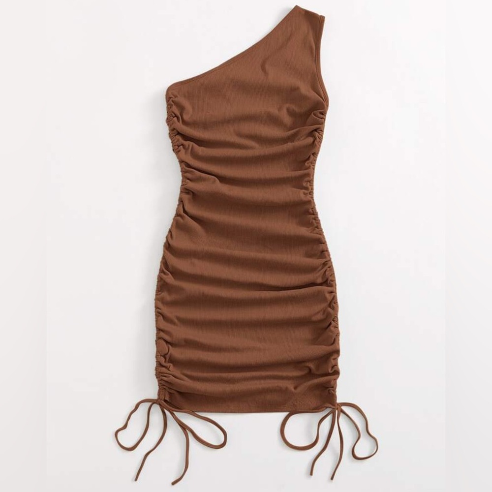 One Shoulder Ruched Knot Side Bodycon Dress